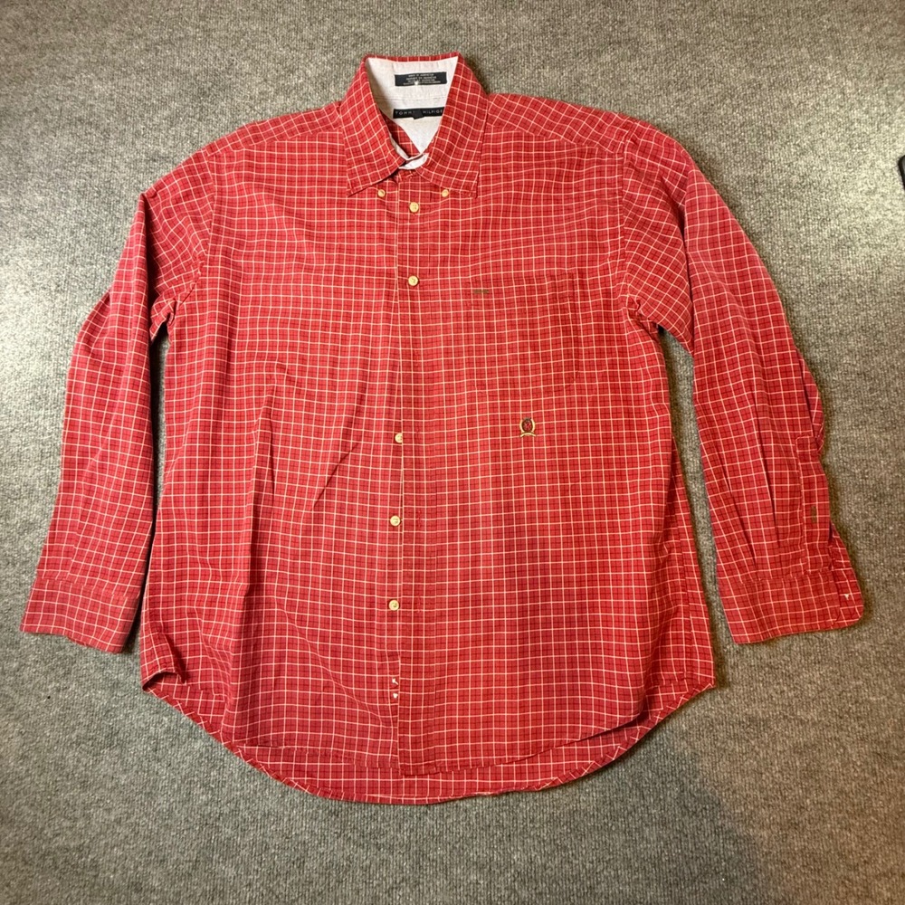Tommy Hilfiger Mens Red White Grid Long Sleeve Button Down Shirt Large Cotton